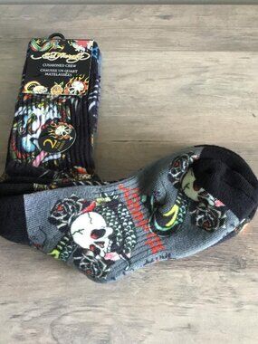 Ed Hardy Flaming Skull 360 Print Full Cushion Crew Sock 2-Pack Black/Gray NWT